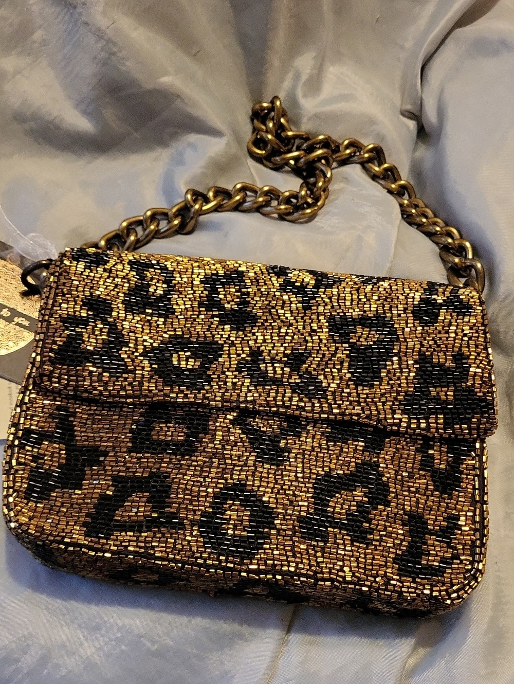 Leopard Beaded Chain Shoulder Bag - Gold/Black